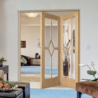 Image: Two Folding Doors & Frame Kit - Reims Diamond 5 Panel Oak 2+0 - Clear Bevelled Glass - Prefinished