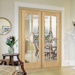 Image: ThruEasi Room Divider - Reims Diamond 5 Panel Oak Clear Bevelled Glass Prefinished Door with Single Side