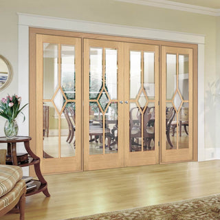 Image: ThruEasi Room Divider - Reims Diamond 5 Panel Oak Clear Bevelled Glass Prefinished Double Doors with Double Sides