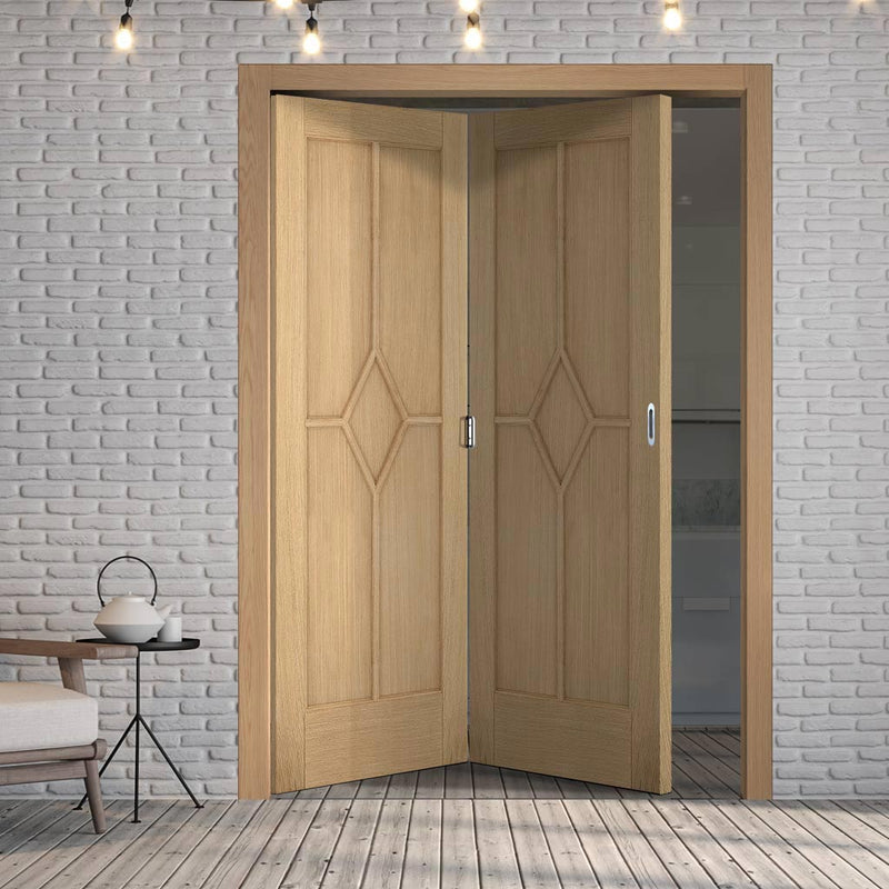 Two Folding Doors & Frame Kit - Reims Diamond 5 Panel Oak 2+0 - Prefinished