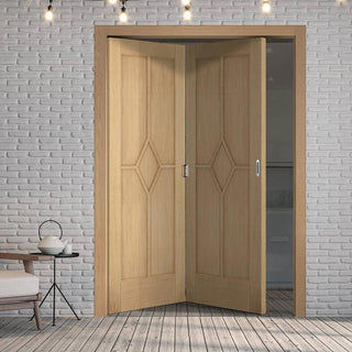 Image: Two Folding Doors & Frame Kit - Reims Diamond 5 Panel Oak 2+0 - Prefinished