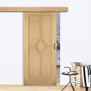 Image: Single Sliding Door & Wall Track - Reims Diamond 5 Panel Oak Door - Prefinished