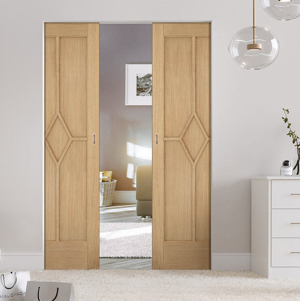 Reims Diamond 5 Panel Oak Absolute Evokit Double Pocket Door - Prefinished