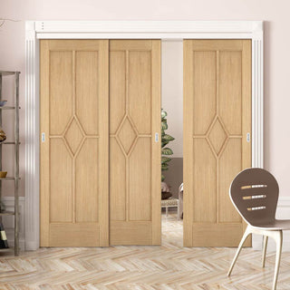 Image: Pass-Easi Three Sliding Doors and Frame Kit - Reims Diamond 5 Panel Oak Door - Prefinished