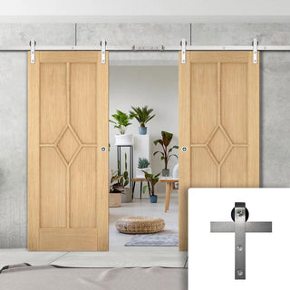 Image: Double Sliding Door & Stainless Steel Barn Track - Reims Diamond 5 Panel Oak Door - Prefinished