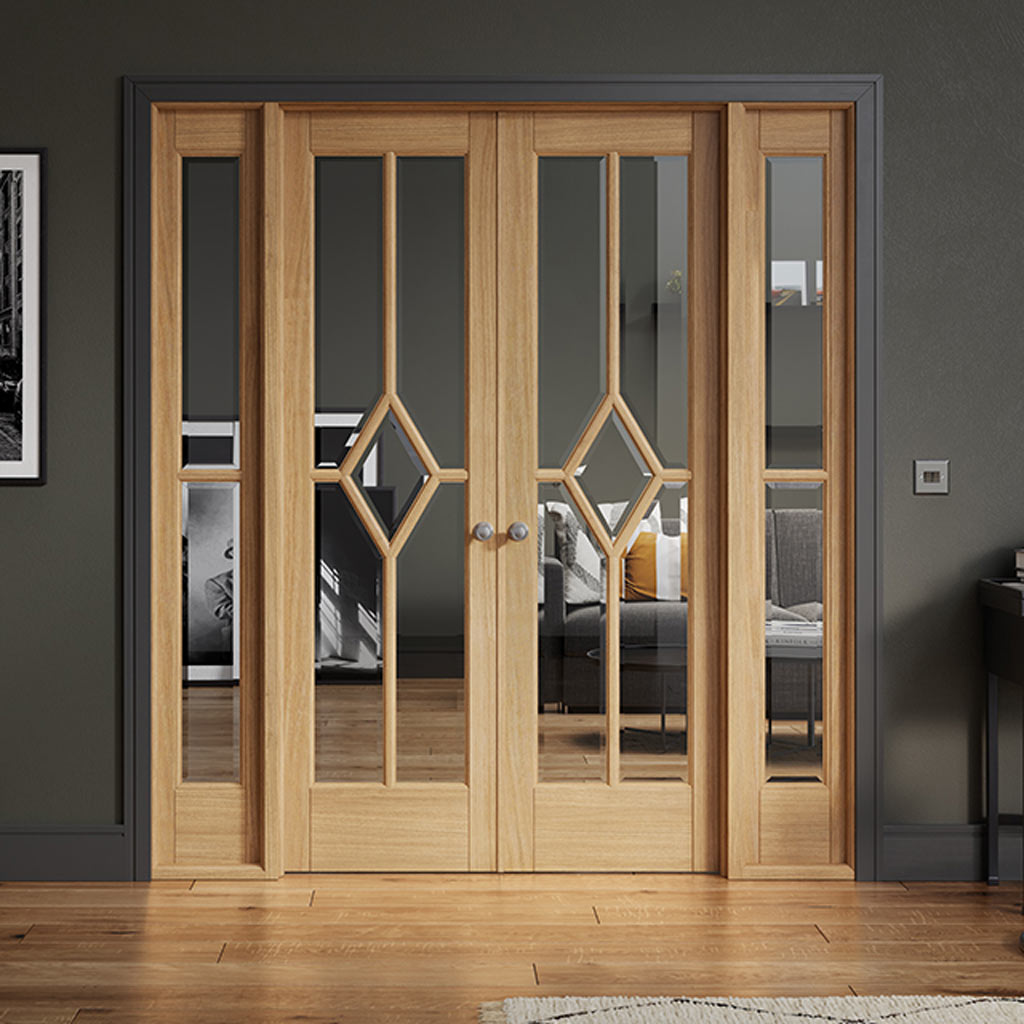 W6 Reims Room Divider Internal Door & Frame Kit - Bevelled Clear Glass - Prefinished Oak - 2031x1904mm Wide