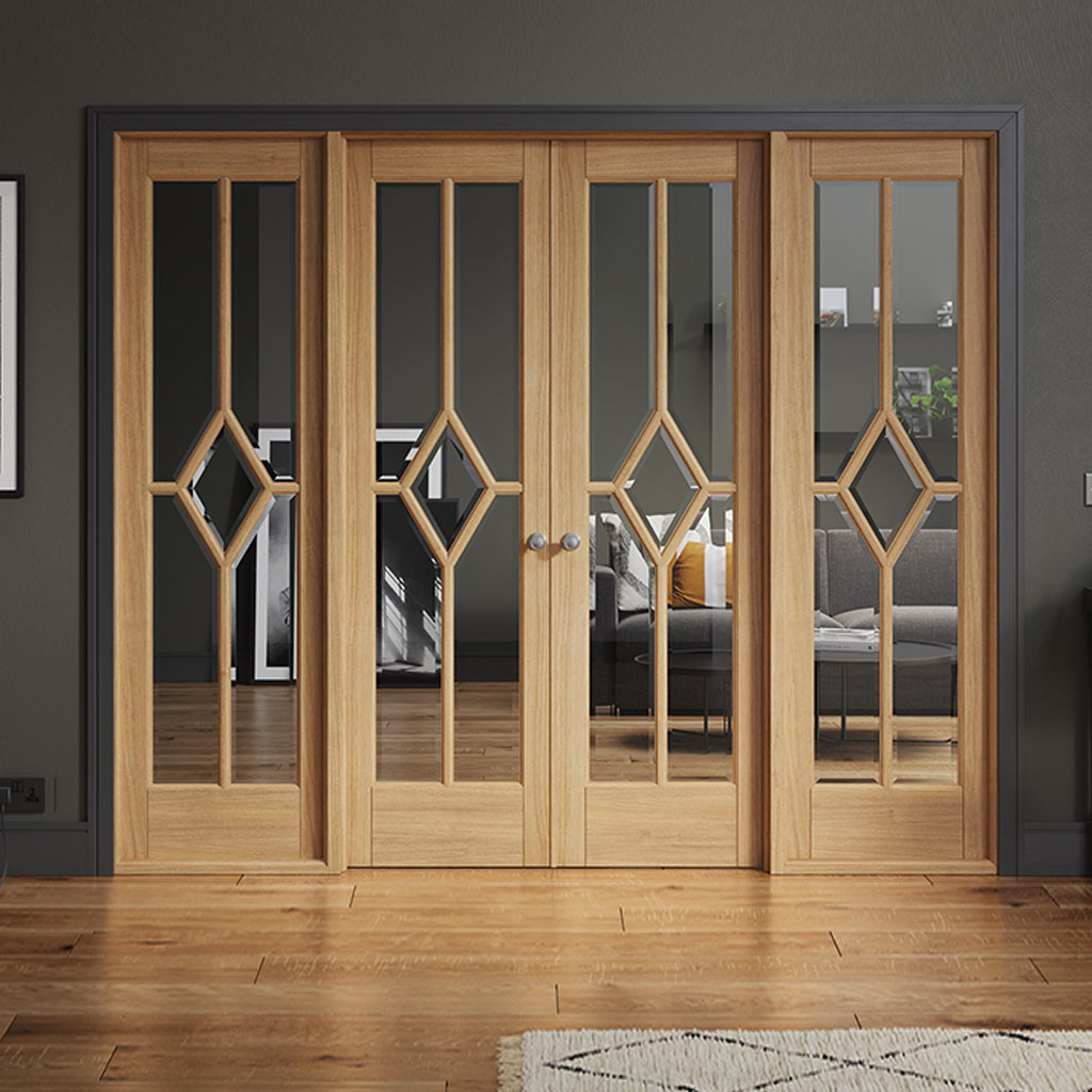 W8 Reims Room Divider Internal Door & Frame Kit - Bevelled Clear Glass - Prefinished Oak - 2031x2478mm Wide