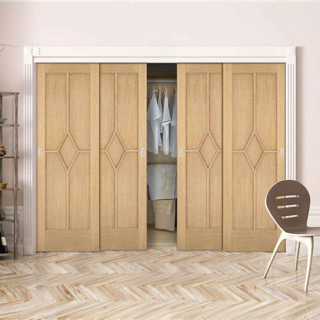 Four Sliding Maximal Wardrobe Doors & Frame Kit - Reims Diamond 5 Panel Oak Door - Prefinished