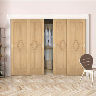 Image: Four Sliding Maximal Wardrobe Doors & Frame Kit - Reims Diamond 5 Panel Oak Door - Prefinished