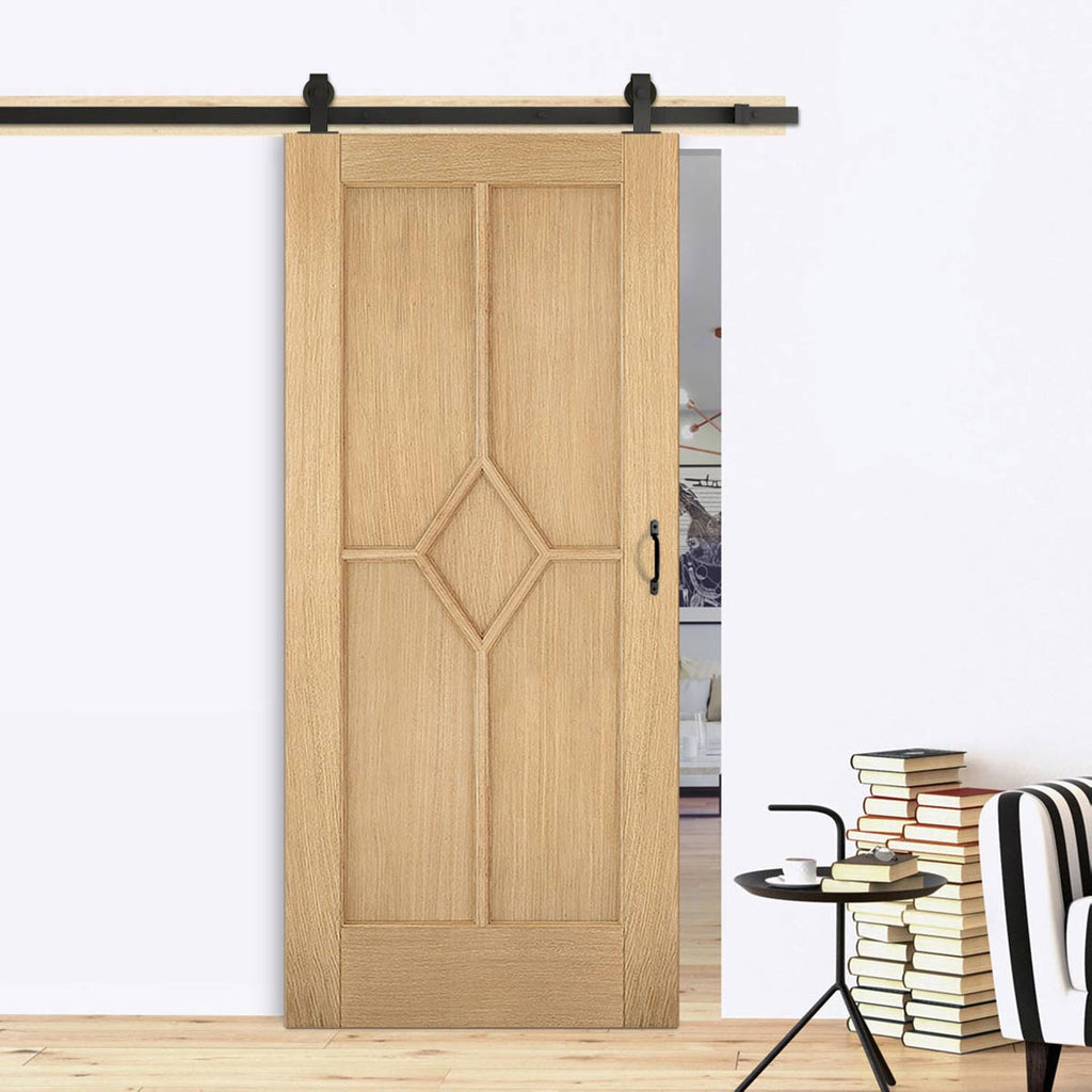 Top Mounted Black Sliding Track & Door - Reims Diamond 5 Panel Oak Door - Prefinished