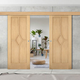 Image: Double Sliding Door & Wall Track - Reims Diamond 5 Panel Oak Door - Prefinished