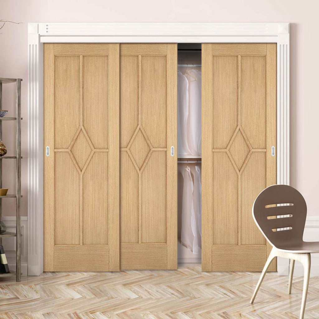 Three Sliding Maximal Wardrobe Doors & Frame Kit - Reims Diamond 5 Panel Oak Door - Prefinished