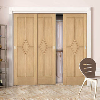 Image: Three Sliding Maximal Wardrobe Doors & Frame Kit - Reims Diamond 5 Panel Oak Door - Prefinished