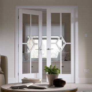 Image: Reims Internal Door Pair - Bevelled Clear Glass - White Primed