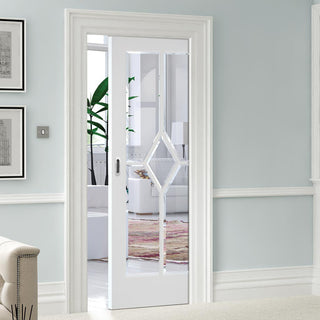 Image: Reims Diamond Single Evokit Pocket Door - Clear Bevelled Glass - White Primed