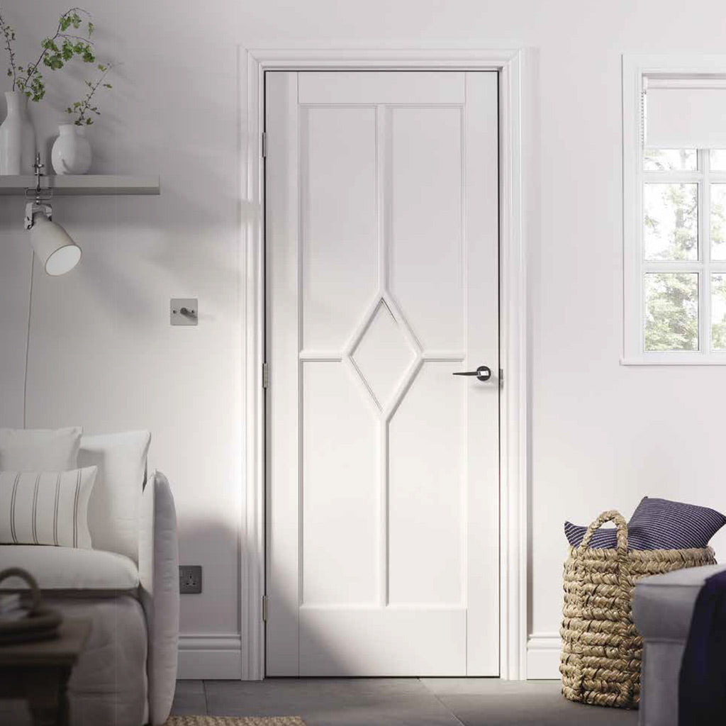 White Fire Door, Reims Diamond 5 Panel Door - 1/2 Hour Rated - White Primed