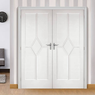 Image: LPD Joinery Reims Diamond 5 Panel Fire Door Pair - 1/2 Hour Fire Rated - White Primed