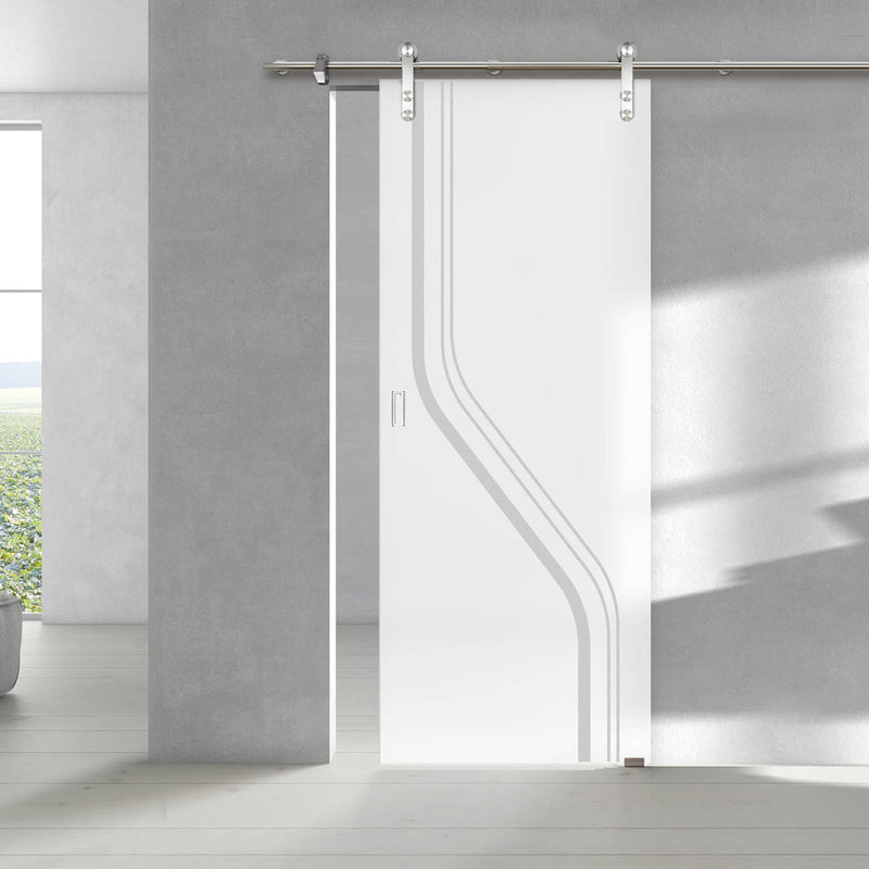 Single Glass Sliding Door - Solaris Tubular Stainless Steel Sliding Track & Reston 8mm Obscure Glass - Obscure Printed Design