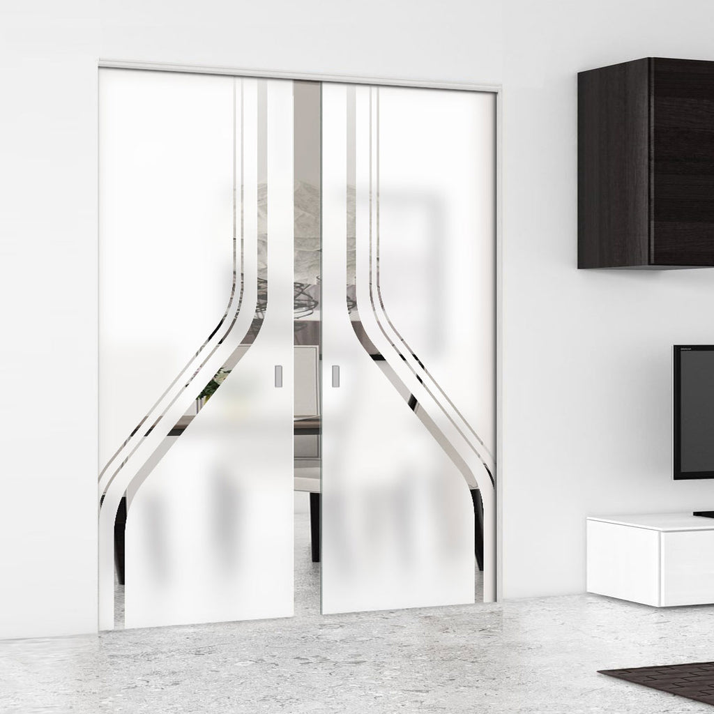 Reston 8mm Obscure Glass - Clear Printed Design - Double Absolute Pocket Door