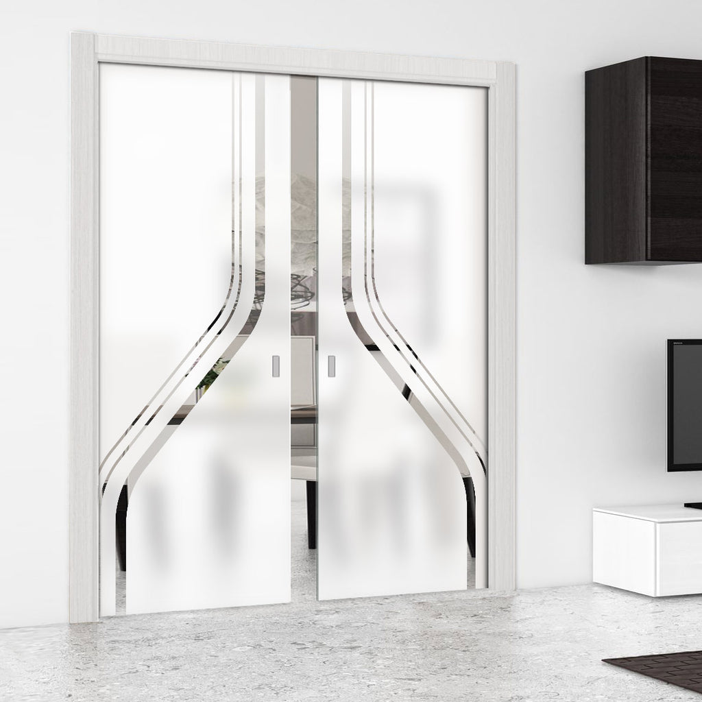 Reston 8mm Obscure Glass - Clear Printed Design - Double Evokit Pocket Door