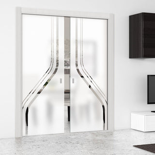 Image: Reston 8mm Obscure Glass - Clear Printed Design - Double Evokit Pocket Door