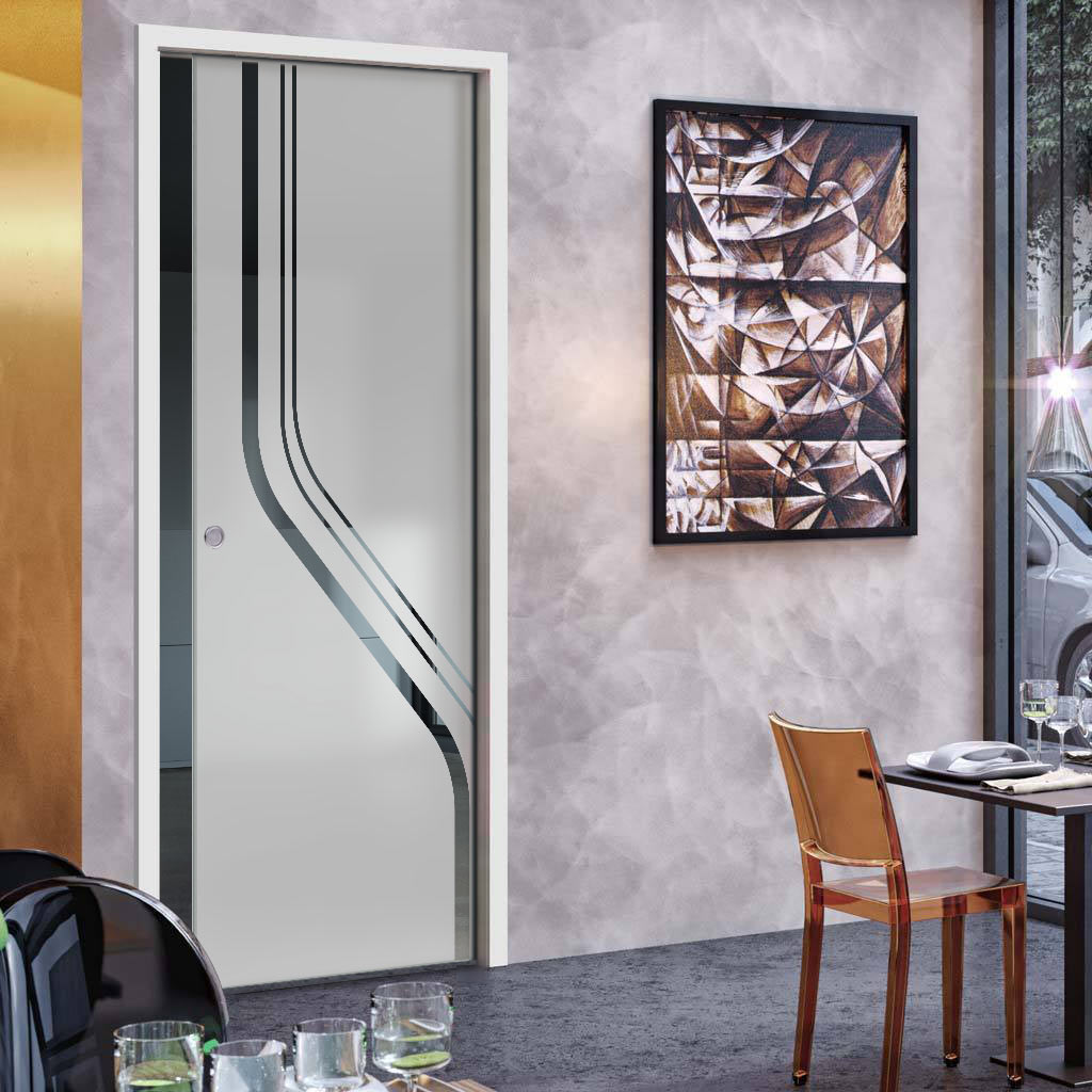 Reston 8mm Obscure Glass - Clear Printed Design - Single Evokit Glass Pocket Door