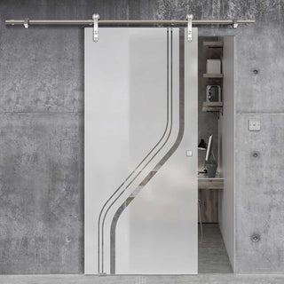 Image: Single Glass Sliding Door - Solaris Tubular Stainless Steel Sliding Track & Reston 8mm Obscure Glass - Clear Printed Design