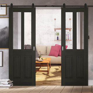 Image: Top Mounted Black Sliding Track & Double Door - Richmond Smoked Oak Doors - Clear Glass - Prefinished