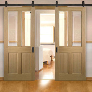 Image: Top Mounted Black Sliding Track & Double Door - Richmond Oak Doors - Bevelled Clear Glass - Prefinished