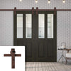 Double Sliding Door & Straight Antique Rust Track - Richmond Smoked Oak door - Clear Glass - Prefinished