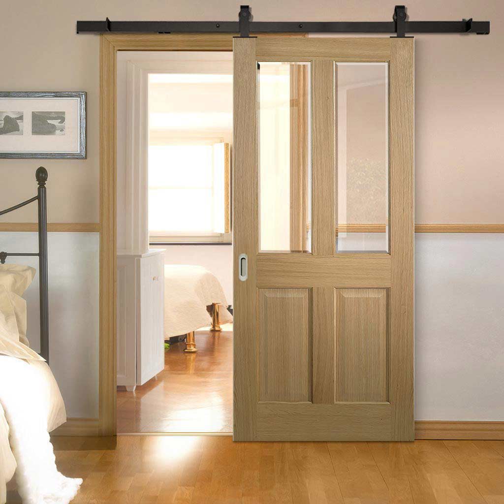 Top Mounted Black Sliding Track & Door - Richmond Oak Door - Bevelled Clear Glass - Prefinished