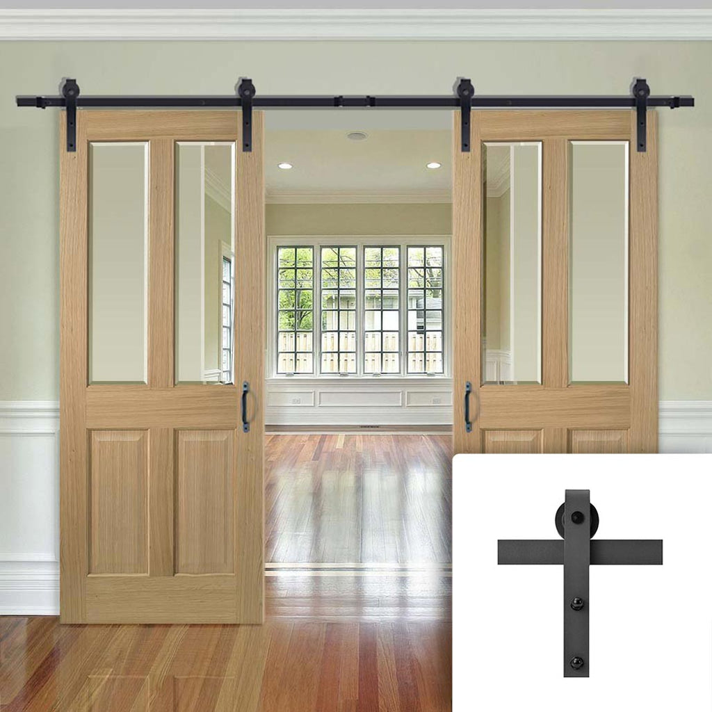 Double Sliding Door & Black Barn Track - Richmond Oak Doors - Bevelled Clear Glass - Prefinished