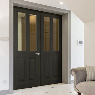Image: Richmond Smoked Oak Internal Door Pair - Clear Glass - Prefinished