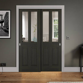 Image: Pass-Easi Two Sliding Doors and Frame Kit - Richmond Smoked Oak door - Clear Glass - Prefinished