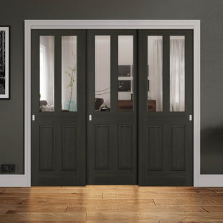 Image: Pass-Easi Three Sliding Doors and Frame Kit - Richmond Smoked Oak door - Clear Glass - Prefinished