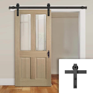 Image: Single Sliding Door & Black Barn Track - Richmond White Oak Door - No Raised Mouldings - Bevelled Clear Glass - Unfinished