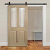 Top Mounted Black Sliding Track & Door - Richmond White Oak Door - No Raised Mouldings - Bevelled Clear Glass - Unfinished