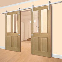 Double Sliding Door & Track - Richmond White Oak Doors - No Raised Mouldings - Bevelled Clear Glass - Unfinished