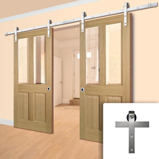 Image: Double Sliding Door & Stainless Steel Barn Track - Richmond Oak Doors - No Raised Mouldings - Bevelled Clear Glass - Unfinished