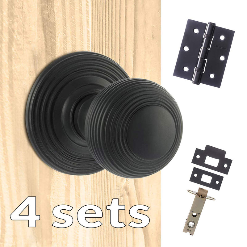 Four Pack Ripon Reeded Old English Mortice Knob - Matt Black