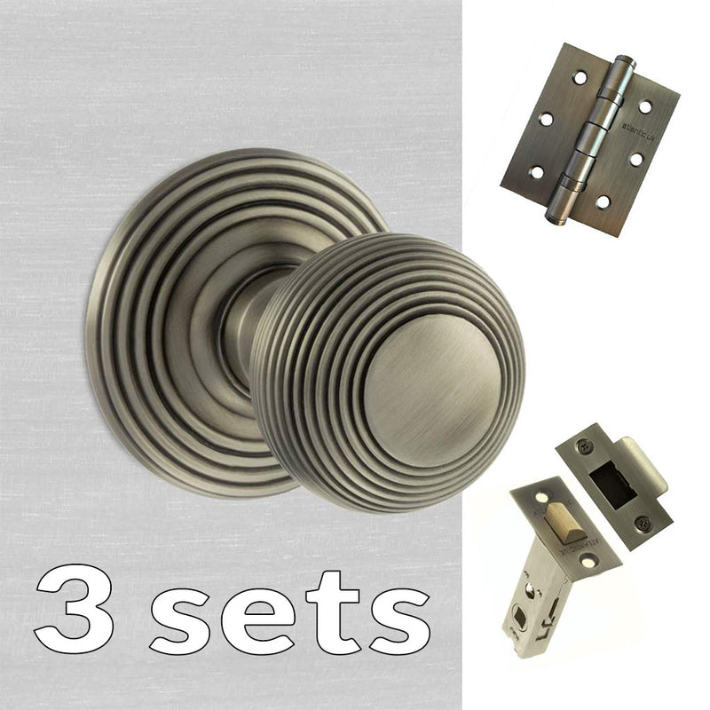 Three Pack Ripon Reeded Old English Mortice Knob - Matt Gun Metal