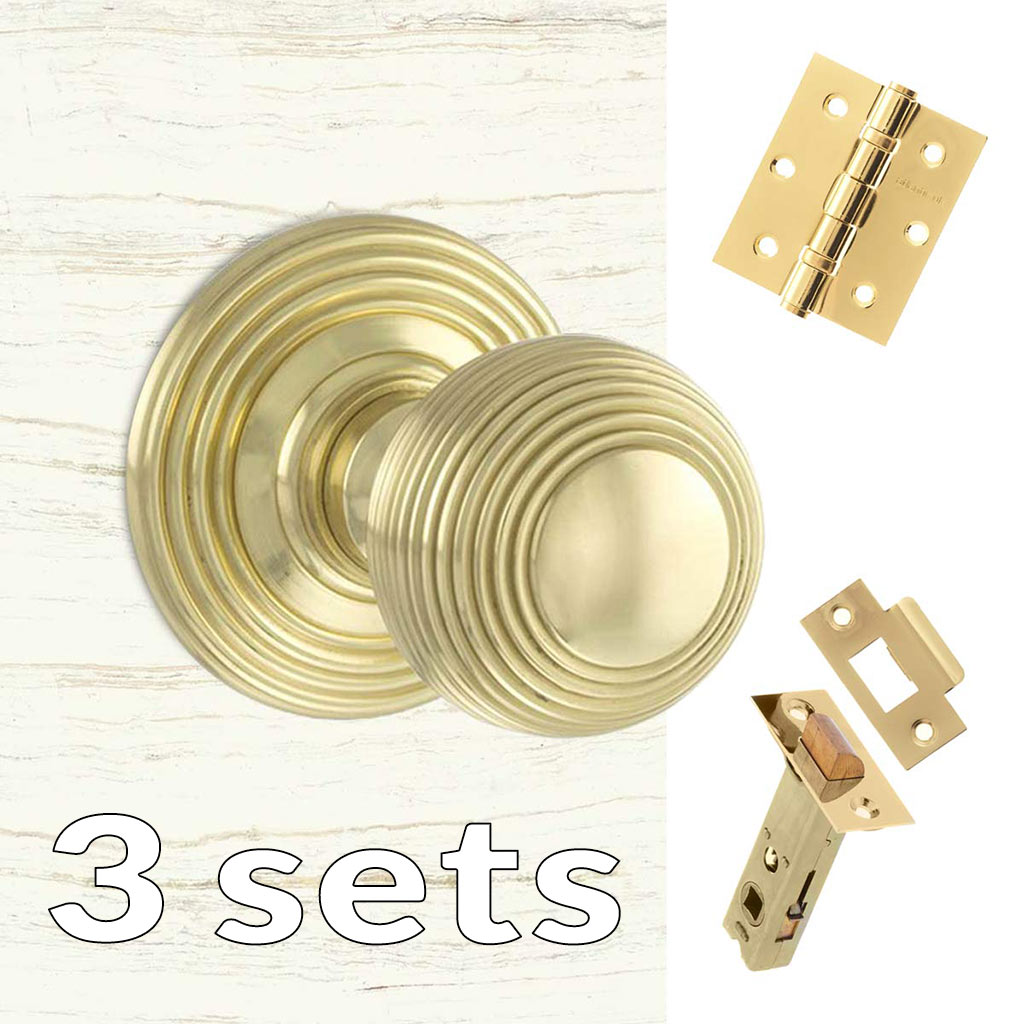 Three Pack Ripon Reeded Old English Mortice Knob - Polished Brass