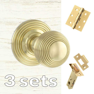 Image: Three Pack Ripon Reeded Old English Mortice Knob - Polished Brass