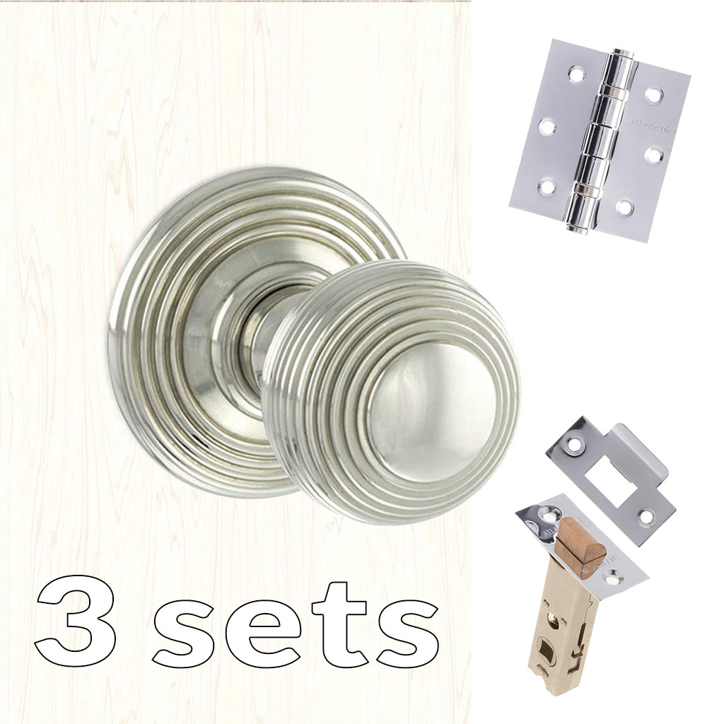 Three Pack Ripon Reeded Old English Mortice Knob - Polished Nickel