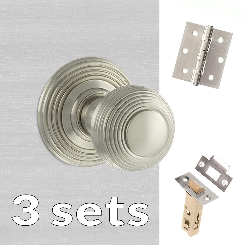 Three Pack Ripon Reeded Old English Mortice Knob - Satin Nickel