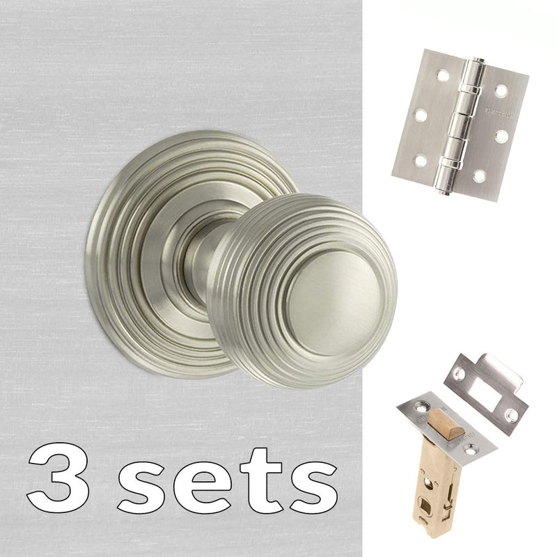 Three Pack Ripon Reeded Old English Mortice Knob - Satin Nickel