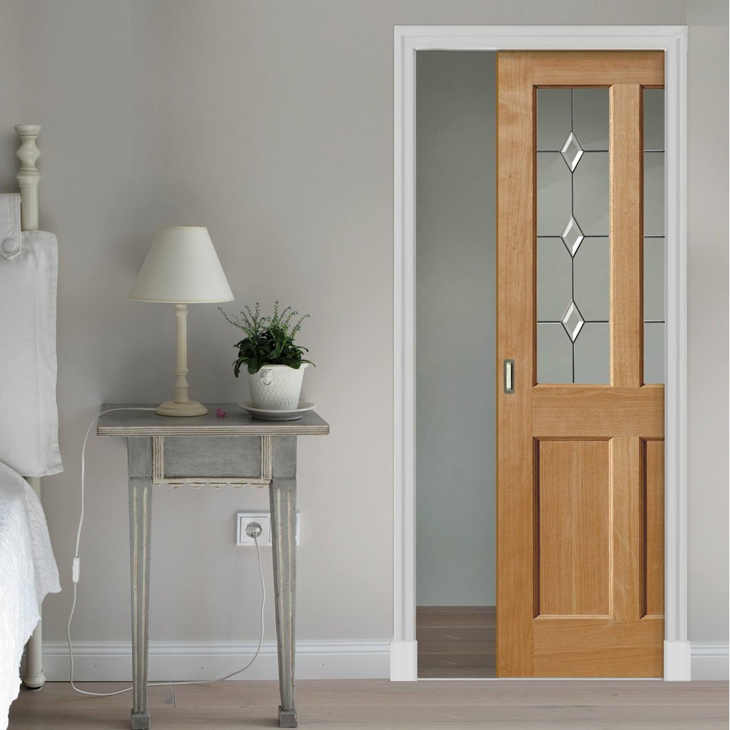 Oak Churnet Oak Single Evokit Pocket Door - Leaded clear glass