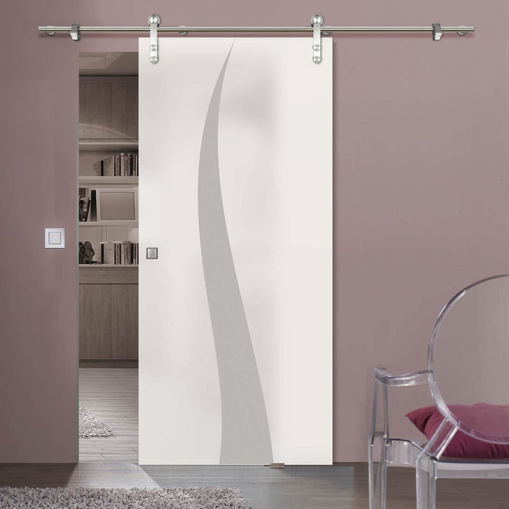 Single Glass Sliding Door - Solaris Tubular Stainless Steel Sliding Track & Roslin 8mm Obscure Glass - Obscure Printed Design