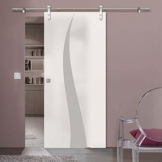 Image: Single Glass Sliding Door - Solaris Tubular Stainless Steel Sliding Track & Roslin 8mm Obscure Glass - Obscure Printed Design