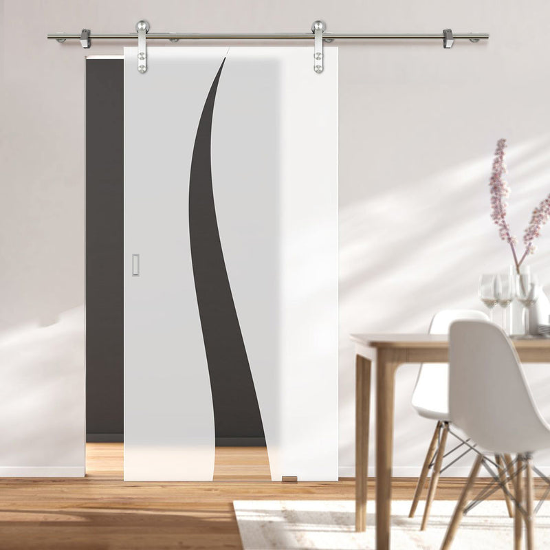 Single Glass Sliding Door - Solaris Tubular Stainless Steel Sliding Track & Roslin 8mm Obscure Glass - Clear Printed Design